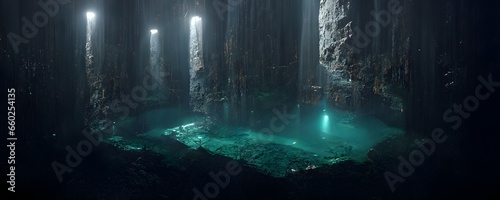 parametric cenote environment iron girders span enormous distances water pouring over ther edge bright white light atmospheric highly detailed 4k octane engine  photo