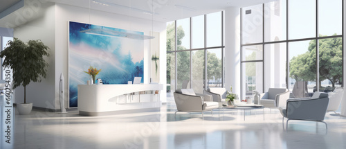 Contemporary dental modern clinic lobby with big glass and white wall. photo