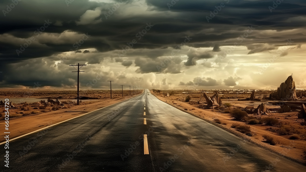 cracked stormy highway in a deserted desert with grain texture and scratches
