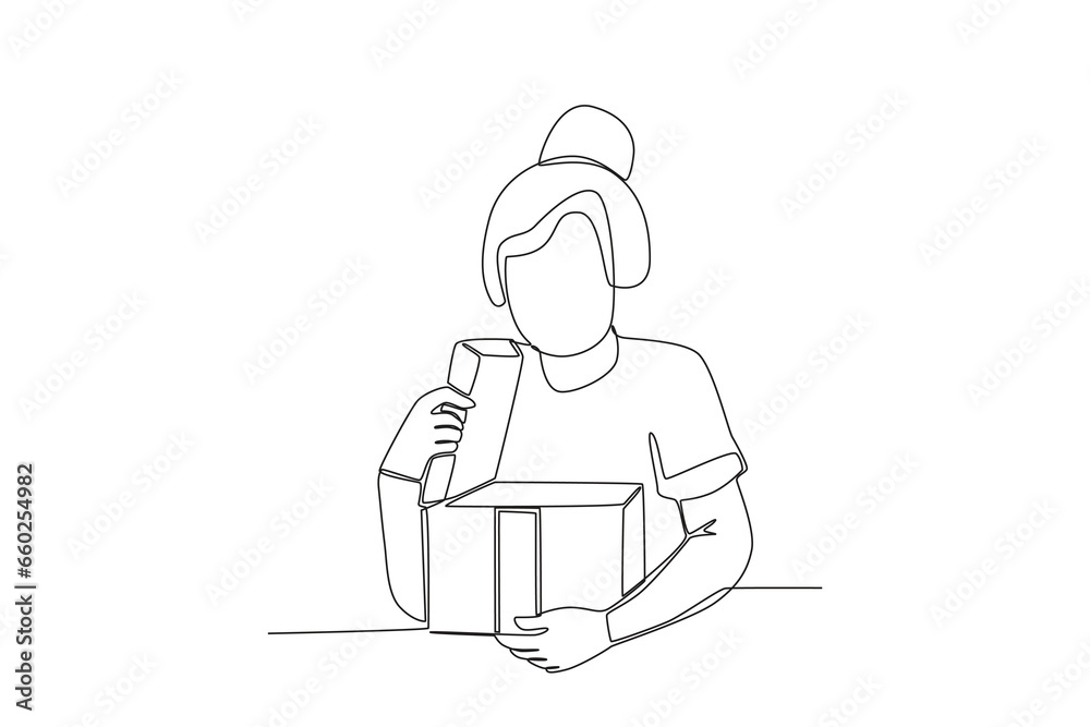 A woman opened the gift box. Boxing day one-line drawing A woman opened the gift box. Boxing day one-line drawing