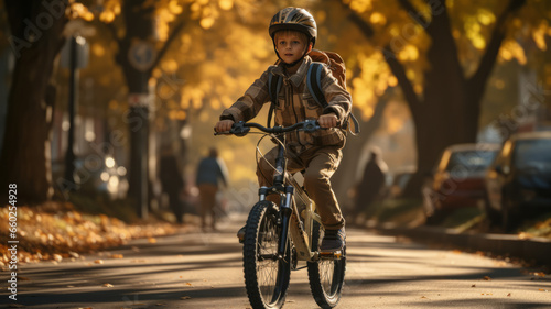 full length,photo of A child boy riding a bicycle goes to school,golden hour