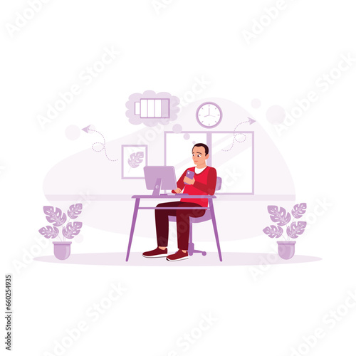 Middle aged man bored working in front of computer feeling tired. Stressed worker. Boring Job Concept. Trend Modern vector flat illustration