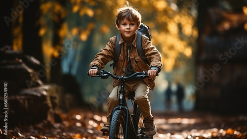 full length,photo of A child boy riding a bicycle goes to school,golden hour
