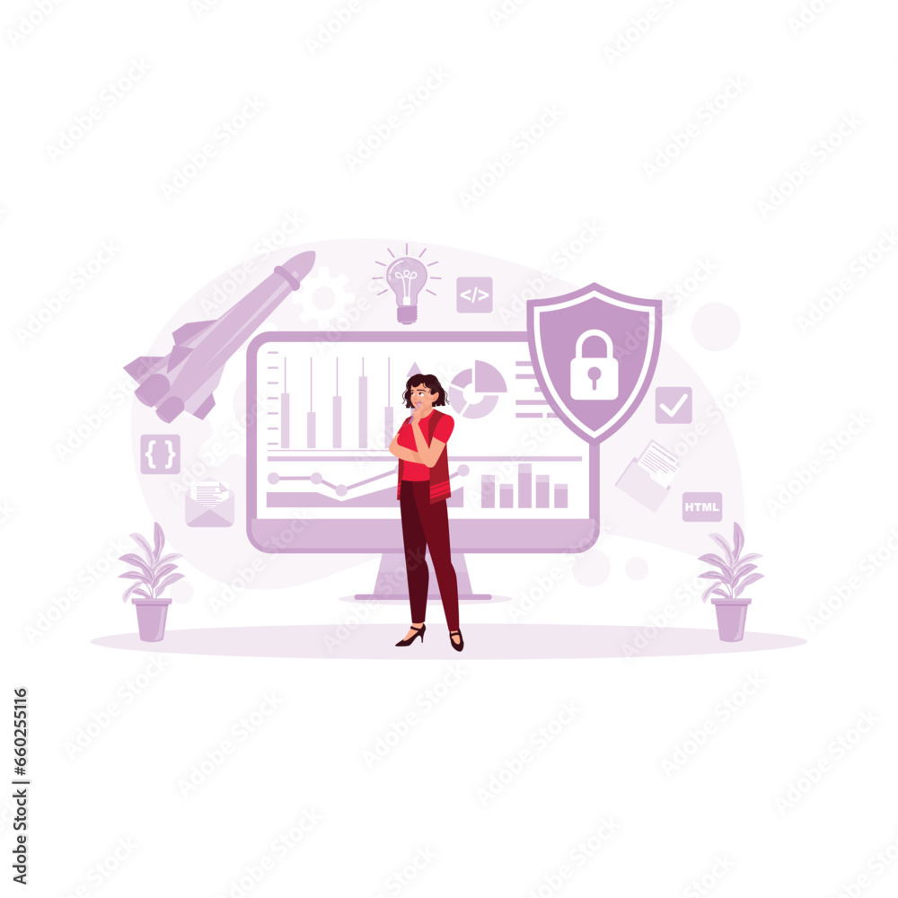 Business, people, development, and startup concept. Woman standing in front of computer. Full Stack Concept. Trend Modern vector flat illustration Business, people, development, and startup concept. Woman standing in front of computer. Full Stack Concept. Trend Modern vector flat illustration
