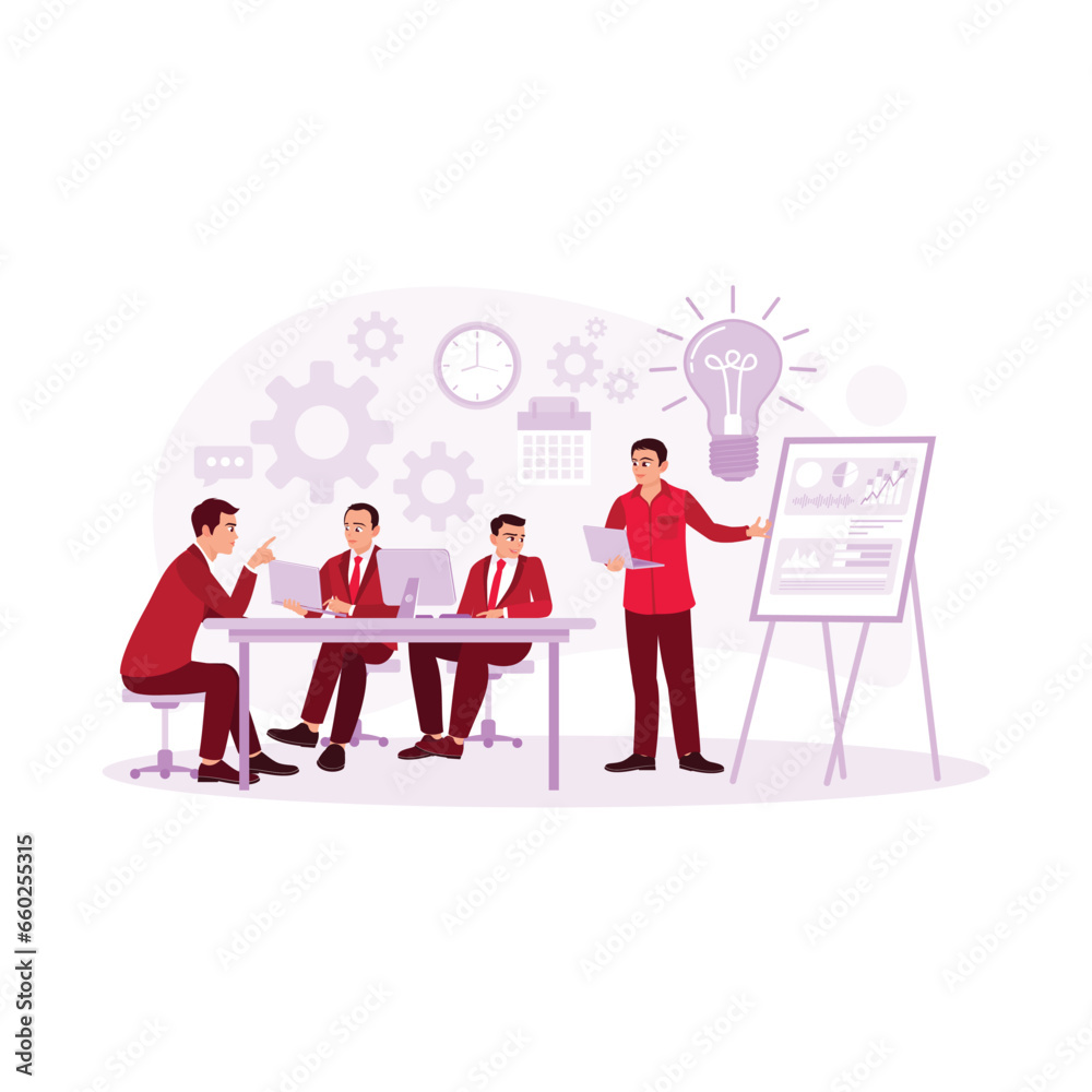 Business people and colleagues discuss together in the meeting room. Work together with each other. Employee Work Concept. Trend Modern vector flat illustration Business people and colleagues discuss together in the meeting room. Work together with each other. Employee Work Concept. Trend Modern vector flat illustration