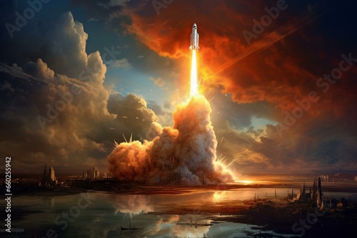 Intense rocket launch amidst fiery clouds. Generative AI