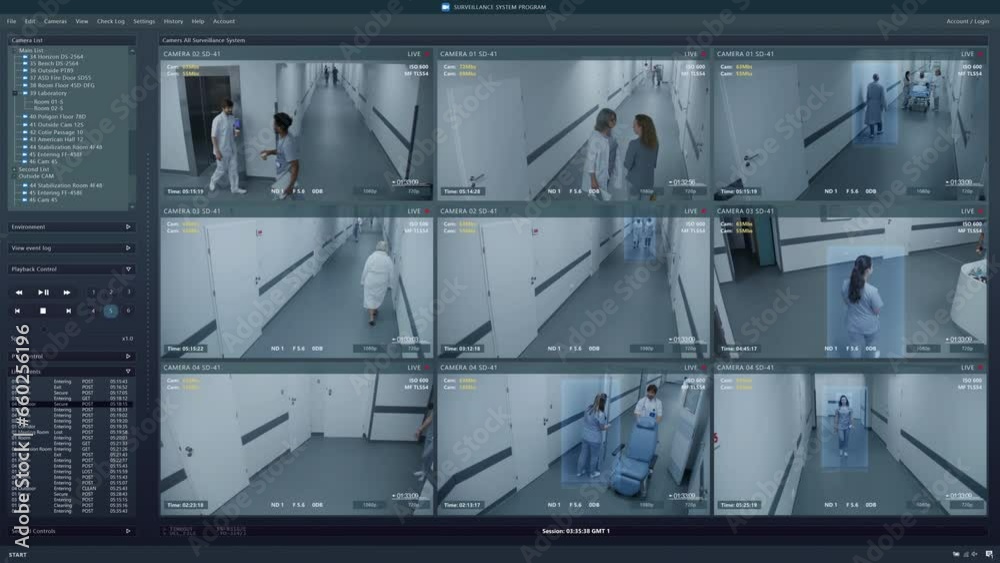 Playback CCTV cameras in hospital hallway on computer or tablet screen. User interface of monitoring program and people AI recognition system. Security cameras. Concept of surveillance and tracking. Playback CCTV cameras in hospital hallway on computer or tablet screen. User interface of monitoring program and people AI recognition system. Security cameras. Concept of surveillance and tracking.