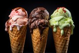 Three delicious ice cream cones. Generative AI