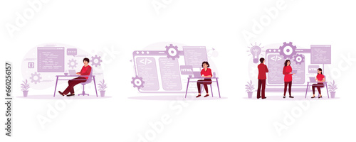 Application developers work in front of a computer screen. Female IT developer working. Computer programmers work in start up companies. Programmers concept. Set Trend Modern vector flat illustration