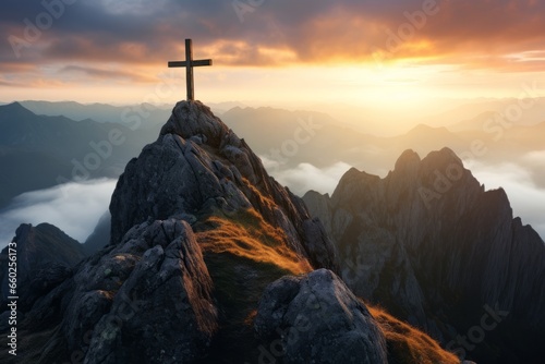 A cross standing on top of the mountain at Sunrise, religious concept background.
 photo