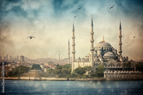 An ancient photo of Istanbul's Blue Mosque. Generative AI