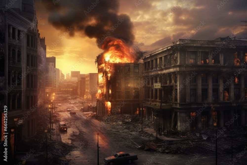 An urban landscape of smoke, flames, and post-apocalyptic buildings in a detailed matte painting. Generative AI