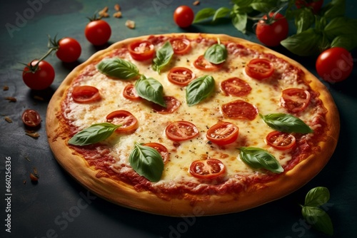 Traditional Italian tomato and cheese pizza with fresh basil leaves on a plain backdrop. Generative AI