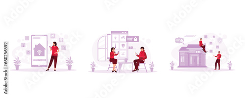 Smart Home concept. Smart home application. Husband and wife relax and control everything with their cellphones. Set Trend Modern vector flat illustration
