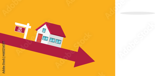 Housing price falling down, real estate or housing price rising low prices. Property and housing market collapse. Recession, Housing, Real Estate Crisis.	
