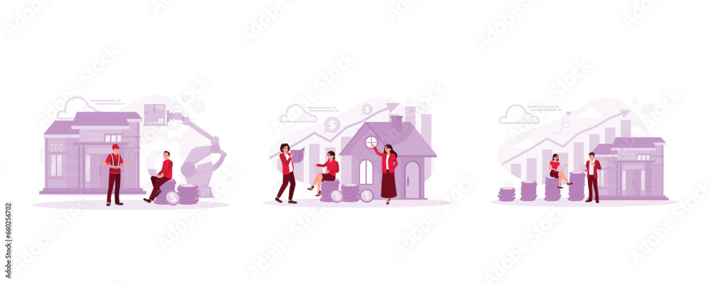 The contractor uses a crane to build the house. Analyze taxes and real estate growth. They are calculating profits from the property business. Real estate investment concept. The contractor uses a crane to build the house. Analyze taxes and real estate growth. They are calculating profits from the property business. Real estate investment concept.