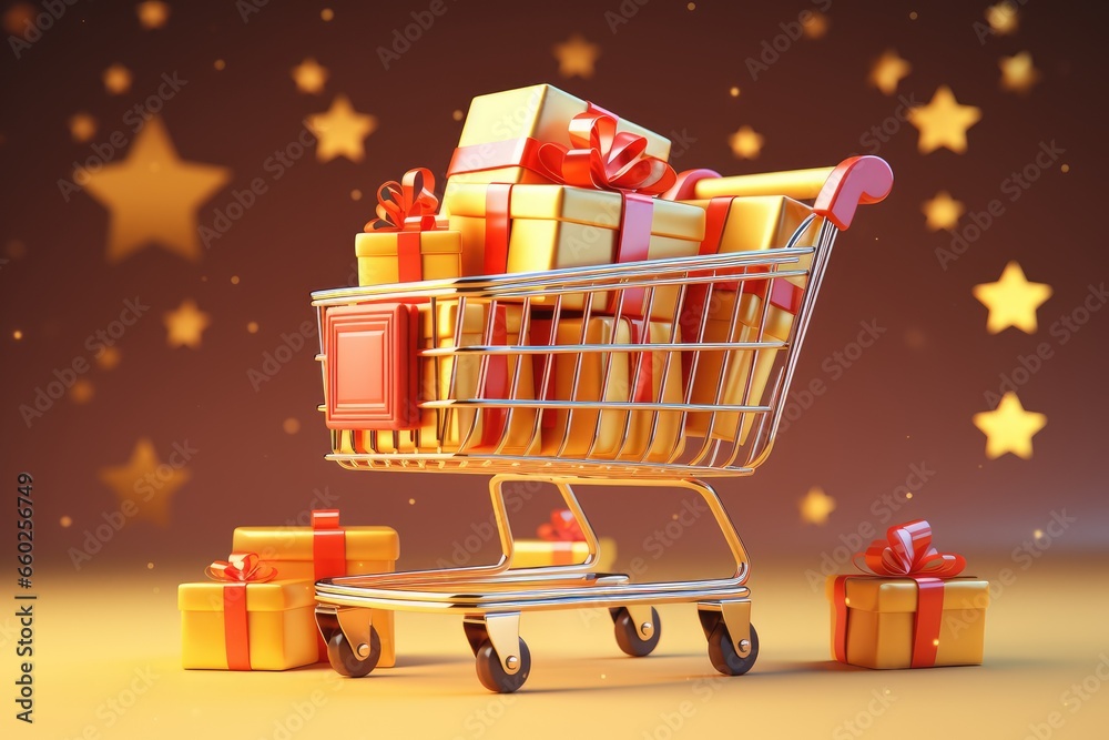 shopping cart with gifts and balloons. Concept of discounts, holiday, gifts. 3d illustration