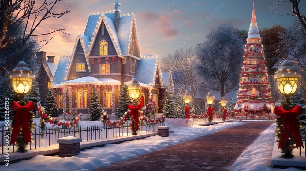 Obraz na płótnie Christmas in the Village with Christmas Lights w salonie