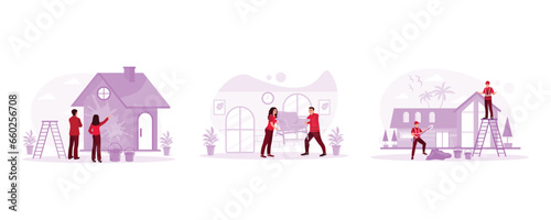 Show the house that will be renovated to the contractor. Young couple renovating their new house. Renovate the house. Home Renovation concept. Set Trend Modern vector flat illustration