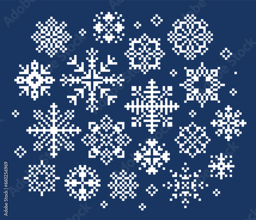 Set of vector pixel snowflakes. Christmas and winter holidays isolated design elements