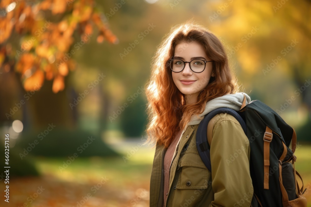 Happy student girl with a backpack and glasses at the university campus in autumn