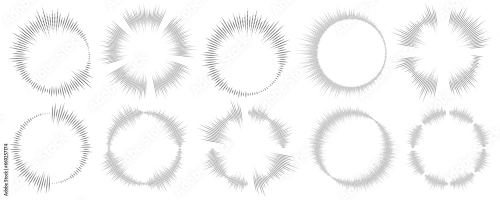 Circle sound wave. Audio music equalizer. Round circular icons set. Spectrum radial pattern and frequency frame. Vector design