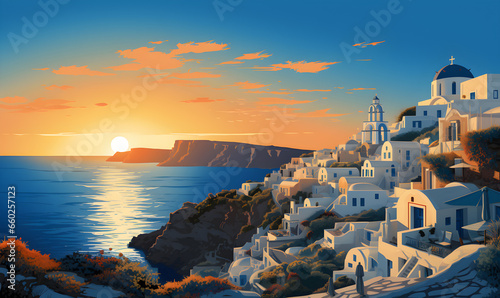 Illustration of Santorini island of Greece, presentation picture, colorful illustration, travel postcard, tourism promotion concept, Generative AI