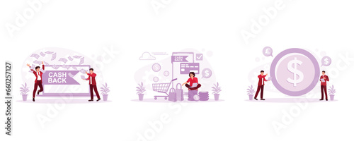 Make money rain from a laptop. Calculate cash back after paying bills. Shop online and earn cash back. Cashback concept. set trend modern vector flat illustration