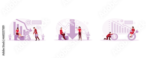 Accountants reduce office operational costs. Two entrepreneurs are making a business strategy. Businessman holding dollar coins. Cost Reduction concept. set trend modern vector flat illustration