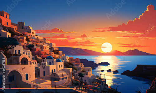 Illustration of Santorini island of Greece, presentation picture, colorful illustration, travel postcard, tourism promotion concept, Generative AI