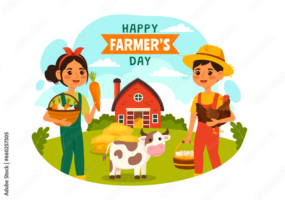 Happy Farmers' Day Vector Illustration on December 23 Rice Fields and Farmers Suitable for Poster or Landing Page in Flat Cartoon Background Design