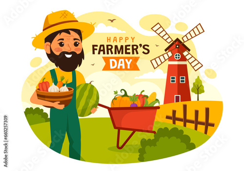 Happy Farmers' Day Vector Illustration on December 23 Rice Fields and Farmers Suitable for Poster or Landing Page in Flat Cartoon Background Design