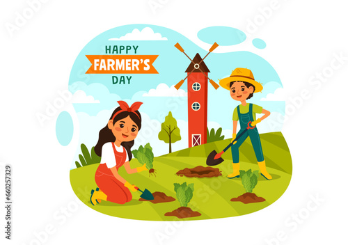 Happy Farmers' Day Vector Illustration on December 23 Rice Fields and Farmers Suitable for Poster or Landing Page in Flat Cartoon Background Design