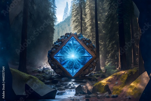 blue crystal illumated stargate in a elvin redwood and sequoia forest on the side a mountain near a stream of raging water  photo