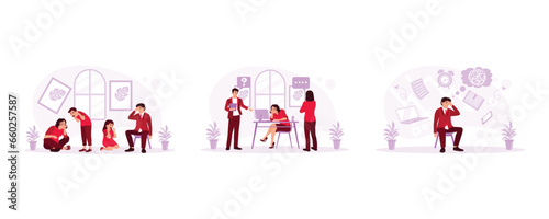 Parents are frustrated with their children, reprimanded by the manager for poor work results, and exhausted by paperwork deadlines. Frustrated concept. set trend modern vector flat illustration