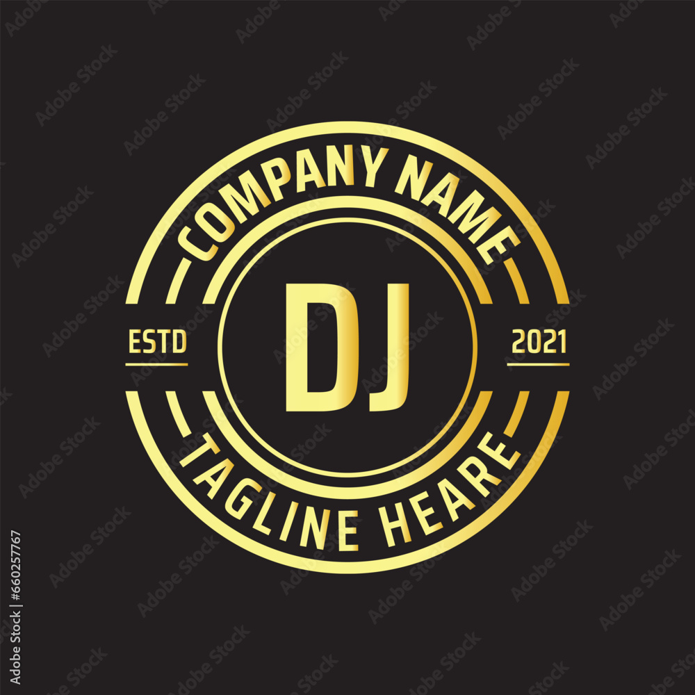 Professional simple Letter DJ Circle Luxury Gold Color Vector Logo Template