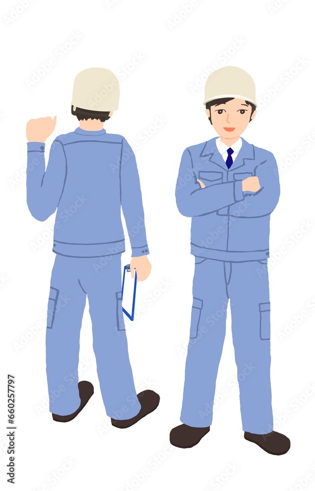 ヘルメットを被った作業着の男性、前と後姿の全身イラスト ヘルメットを被った作業着の男性、前と後姿の全身イラスト