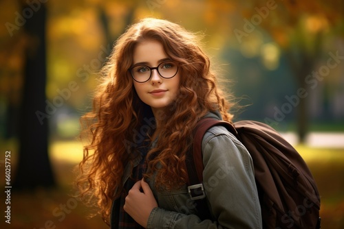 Happy student girl with a backpack and glasses at the university campus in autumn