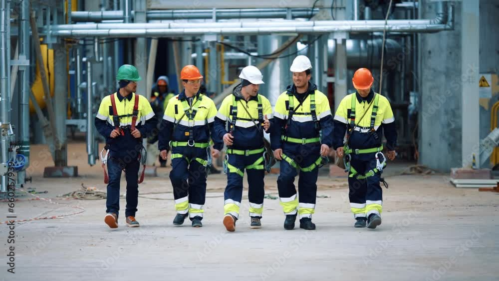 Group of Asian metalworkers in protective helmet uniform going at refinery contemporary factory