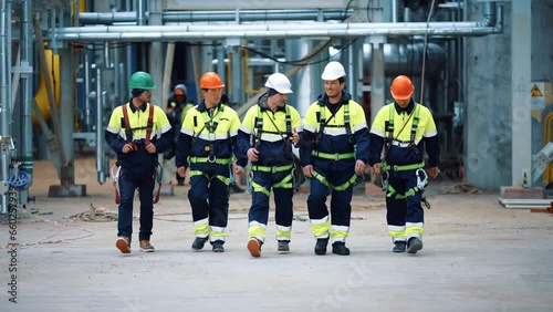 Group of Asian metalworkers in protective helmet uniform going at refinery contemporary factory
