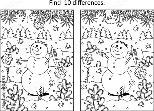 Difference game or picture puzzle and coloring page with happy cheerful snowman walking outdoor

