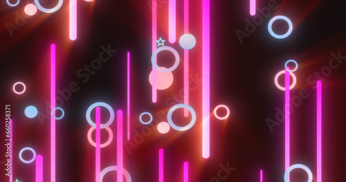 Purple red glowing geometric abstract background pattern of flying lines and circles