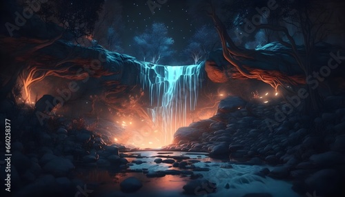beautiful glowing waterfall in the enchanted night forest amazing view wide angle unreal engine 5 