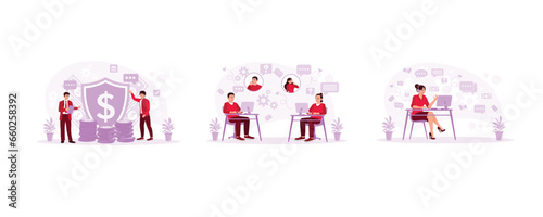 Financial advisor concept. Working in a call center office. 24 hour customer service. Customer Support concept. Set Trend Modern vector flat illustration