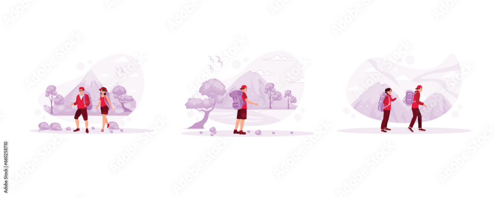 Family Travel and Adventure. I am traveling alone, climbing in the mountains. Travel to explore the mountains. I am hiking Mountain concept. Set Trend Modern vector flat illustration - obrazy, fototapety, plakaty 