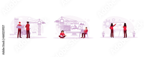 Building in the process of interior construction. Working on Building Complex Prototype Projects. Working on architectural projects. Architect concept. Set Trend Modern vector flat illustration