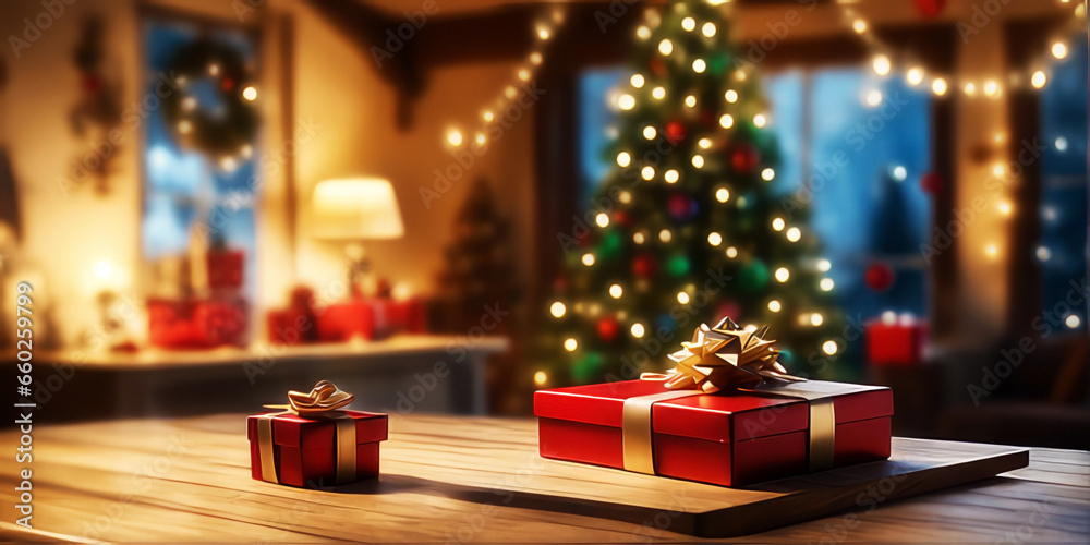 Wooden table and gift decorations with blurred christmas tree background.