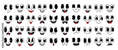 Set of 70s groovy comic faces vector. Collection of cartoon character faces, in different emotions, happy, angry, sad, cheerful. Cute retro groovy hippie illustration for decorative, sticker.