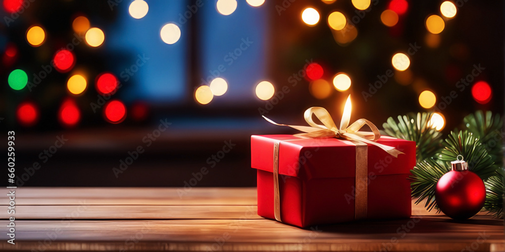 Wooden table and gift decorations with blurred christmas tree background.