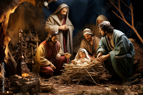 Valokuvatapetti virgin Mary and baby Jesus and family, Capturing Christmas: Artful Nativity Scenes Illustrating the Biblical Tale, with Figurines, Crèches, and Dioramas